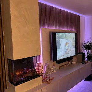 Contemporary Acoustic Wood Panels Media Wall with Fire on One Side