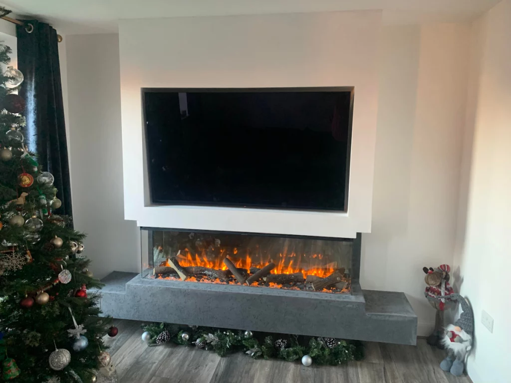 White Media Wall with a Floating Stone Electric Fireplace