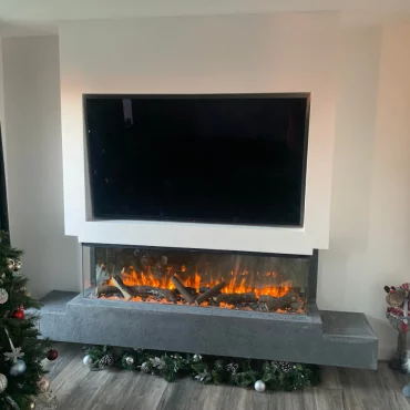 White Media Wall with a Floating Stone Electric Fireplace