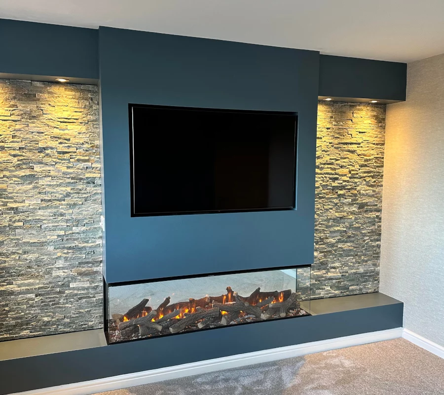 Kashmir Blue Media Wall with Electric Fire