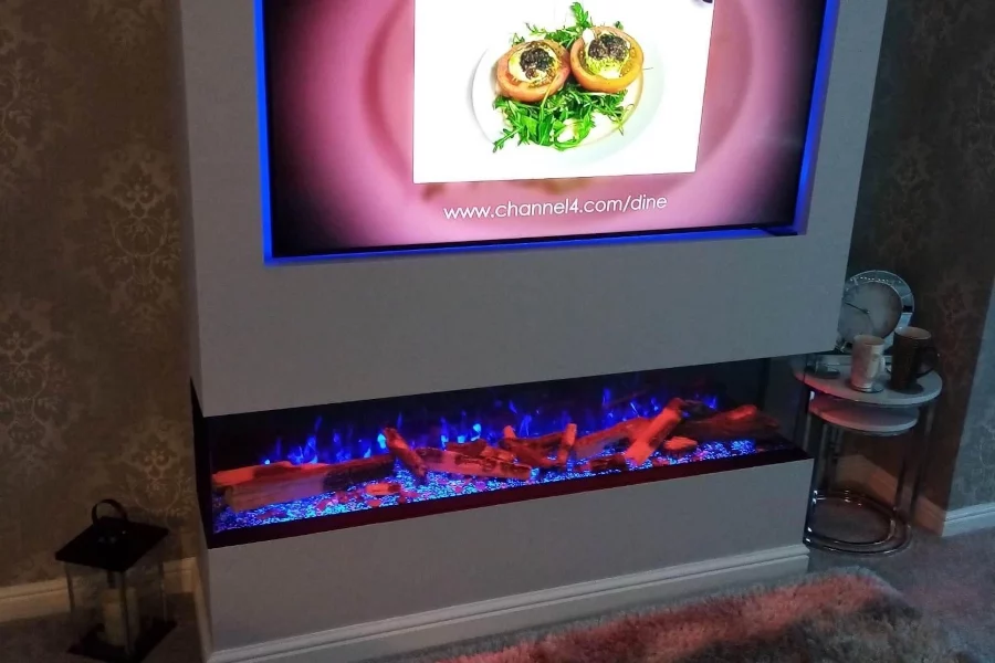 Media Wall with Purple Fire Effect and Neon Strip Lighting Surrounding the TV