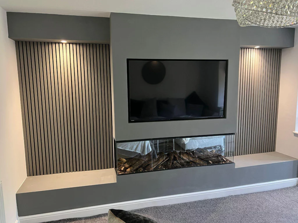 contemporary media wall with fireplace