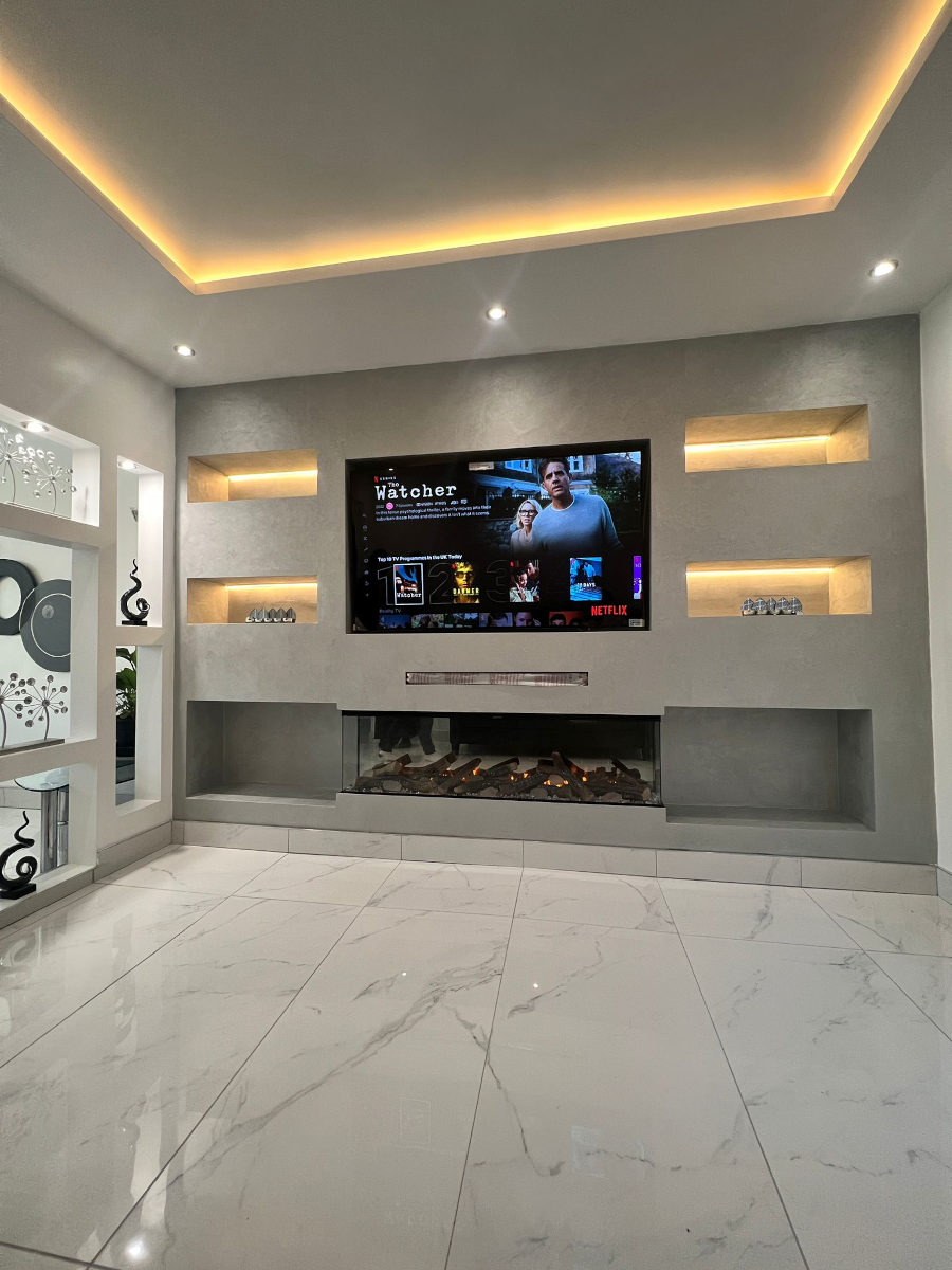 Contemporary Living Room with Multi-Level Tray Ceiling, Marble-Effect