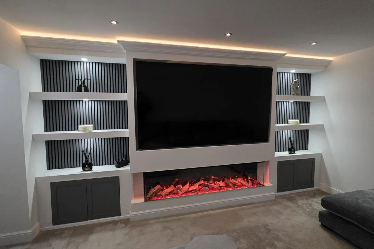 Luxury media wall design with integrated fireplace and storage units