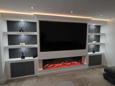 Luxury media wall design with integrated fireplace and storage units